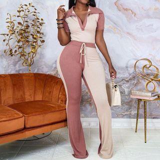 Set: Two-tone Collared T-shirt + Boot-cut Pants