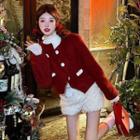 Long-sleeve Cut-out Lace Top / Single-breasted Jacket / Fluffy Shorts