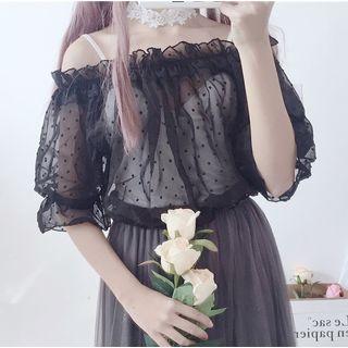 Off-shoulder Short-sleeve Chiffon Top / Mesh Midi Skirt