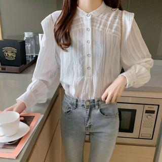 Long-sleeve Round Neck Striped Button-up Loose Fit Shirt