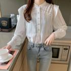 Long-sleeve Round Neck Striped Button-up Loose Fit Shirt