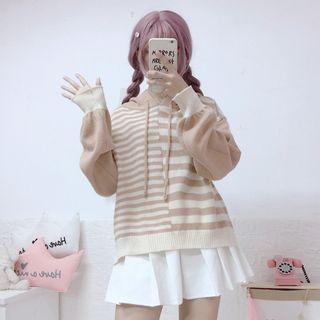 Striped Knit Hoodie Khaki - One Size