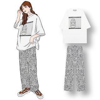 Printed Short-sleeve T-shirt / Leopard Print Straight-fit Pants