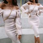 Off-shoulder Long-sleeve Crinkled Midi Bodycon Dress