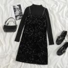 Long-sleeve Mock-neck Knit Top / Spaghetti Strap Star Print Midi A-line Dress