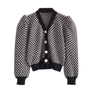Checkerboard Pattern Cardigan Check - Black & White - One Size