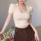 Short-sleeve Cropped Polo Shirt Almond - One Size