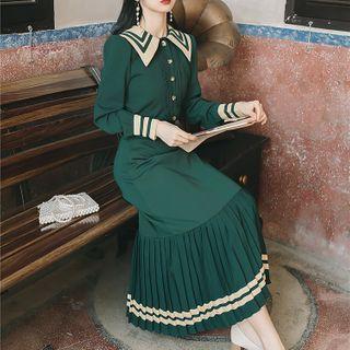 Set: Puff-sleeve Sailor Collar Blouse + Midi A-line Skirt