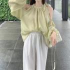 Puff-sleeve Cold-shoulder Chiffon Blouse / Wide Leg Pants