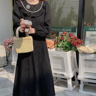 Long-sleeve Beaded Frill Trim Midi A-line Dress