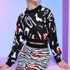 Set: Lettering Animal Print Cropped Sweatshirt + Mini Skirt