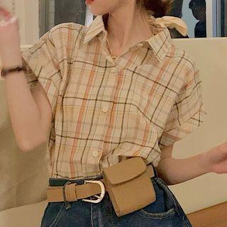 Short-sleeve Plaid Shirt Plaid - White - One Size