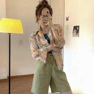 Long-sleeve Floral Print Shirt / Straight-fit Shorts
