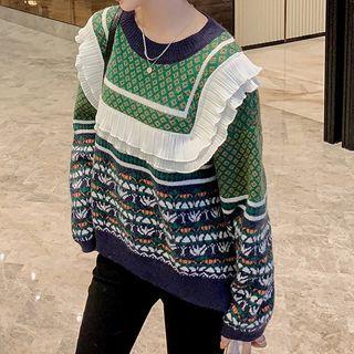Ruffle Panel Color Block Sweater Beige - One Size
