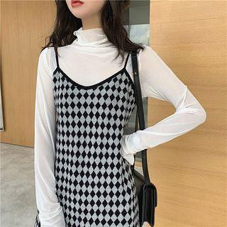 Plain Long-sleeve Mesh Top / Patterned Midi Pinafore Dress