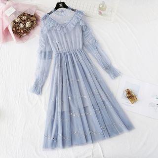 Ruffle Trim Sequined Mesh Midi Dress