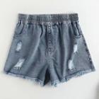 Band-waist Distressed Denim Wide-leg Shorts