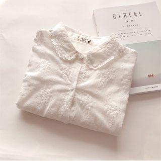Floral Embroidered Lace Trim Shirt Floral Embroidery - White - One Size