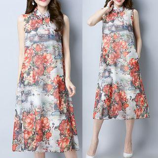 Sleeveless Printed Midi A-line Qipao Dress As Shown In Figure - One Size