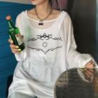 Printed Long-sleeve Round Neck T-shirt White - One Size