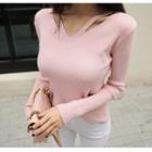 V-neck Slit-trim Rib-knit Top