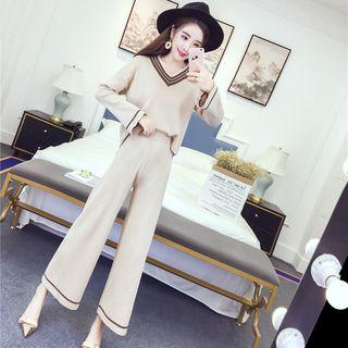 Set: Contrast Trim V-neck Sweater + Wide-leg Knit Pants