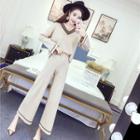 Set: Contrast Trim V-neck Sweater + Wide-leg Knit Pants