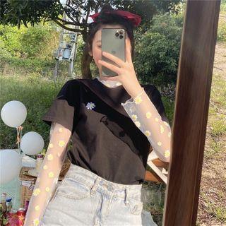 Flower Embroidered Short-sleeve T-shirt / Flower Print Long-sleeve Mesh Top