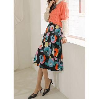Multicolor Patterned Midi Flare Skirt