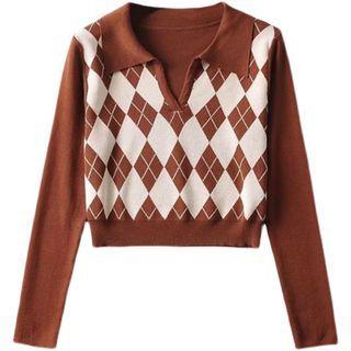 Argyle Collared Knit Crop Top