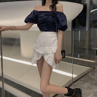 Set: Ruffle Trim Cold-shoulder Top + Mini Skirt As Shown In Figure - One Size