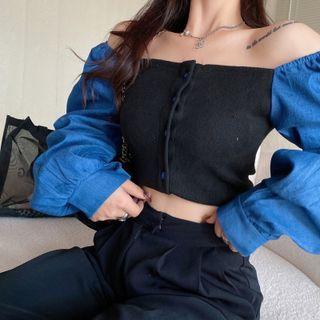 Long-sleeve Off-shoulder Denim Blouse