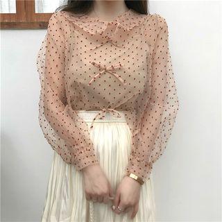 Pleated Skirt / Set: Dot Long-sleeve Mesh Blouse + Camisole Top