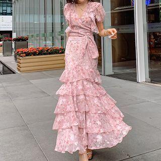 Floral Short-sleeve Top / Maxi A-line Skirt / Set