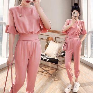 Set: Short-sleeve Mesh Panel Blouse + Baggy Pants
