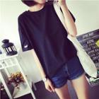 Letter Embroidered Elbow Sleeve T-shirt