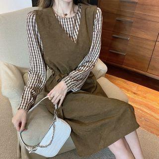 Set: Plaid Blouse + Midi Jumper Dress