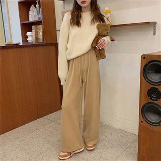 Plain Elastic-waist Wide-leg Fleece Lined Pants