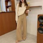 Plain Elastic-waist Wide-leg Fleece Lined Pants