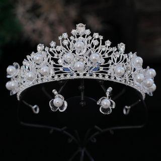 Set: Rhinestone Faux Pearl Wedding Tiara + Earring Wedding Tiara & Earring - Silver - One Size