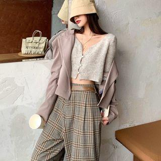 Blazer / Cropped Cardigan / Plaid Wide-leg Pants