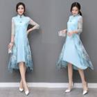Traditional Chinese 3/4-sleeve Floral Paneled A-line Dress