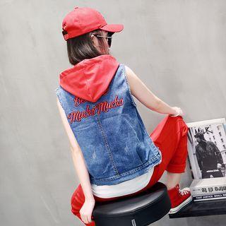 Hooded Buttoned Lettering Denim Jacket