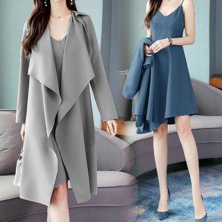 Set: Open Front Trench Coat + Strappy A-line Dress