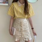 Short-sleeve Plaid Top / Crinkled Mini Skirt / Denim Shorts