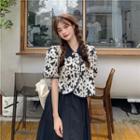 Puff-sleeve Flower Print Blouse / Midi A-line Skirt