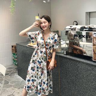 Smocked-wiast Floral Print A-line Dress