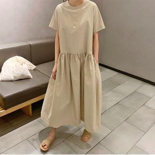 Short-sleeve Plain Midi A-line Dress Beige - One Size