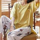 Loungewear Set: Short-sleeve Lettering T-shirt + Print Pants