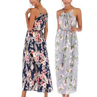 Floral Print Halter Sleeveless Maxi A-line Dress